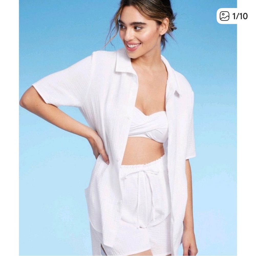 Kona Sol White Gauze Cotton Swim Cover Up Button Front Coastal Euro Summer Beach